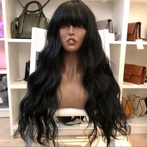 Human hair blend black wig with bang